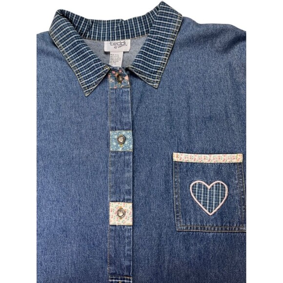 VTG 90s Teddi Light Blue Denim Chore Jacket Emboidered Applique Patchwork Sz 2X - Picture 5 of 16